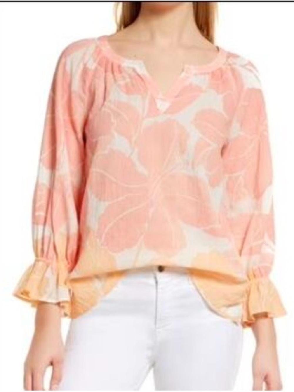TOMMY BAHAMA Long Ruffle Sleeves Hibiscus Print V-neck Tunic Bohemian Vacation